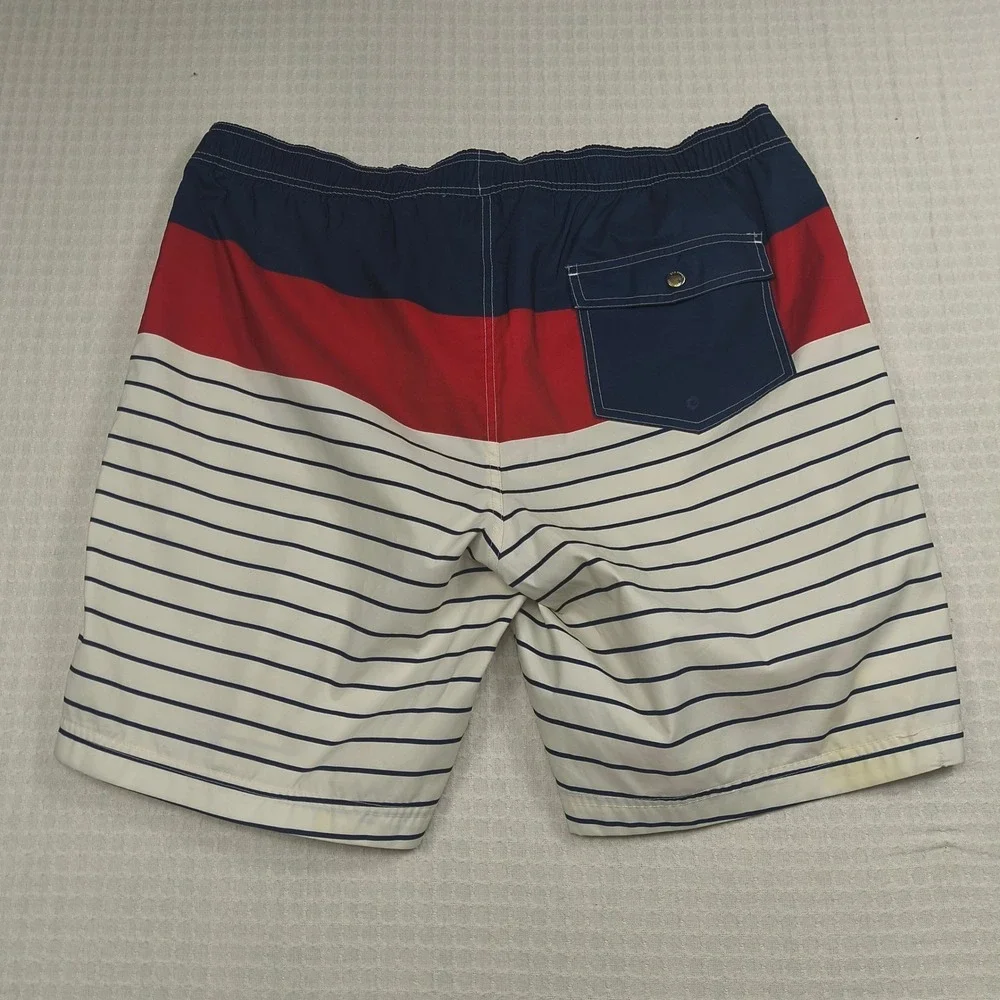 Lands End Mens XL Swim Trunks Board Shorts Red Blue White Striped Colorblock